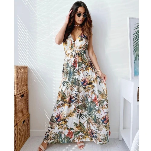 Vintage Print Lace Halter Dress Elegant V-Neck Halter Sleeveless Evening Dress Ladies Sexy Slim Elastic Waist Dress