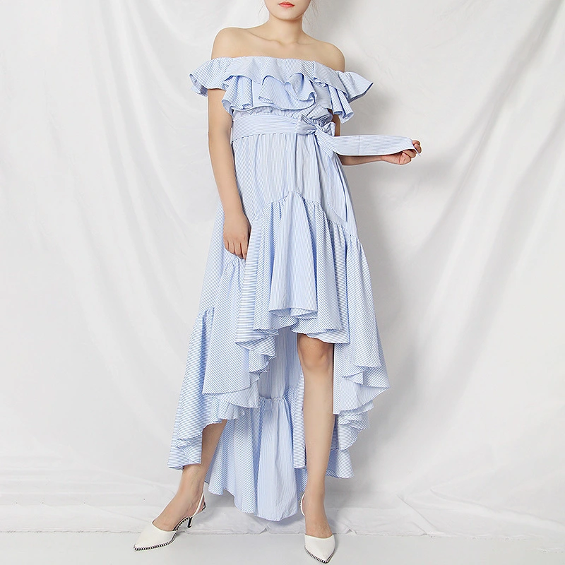 One-Line Collar Striped Sexy Off-Shoulder Ruffled Irregular Dress Women