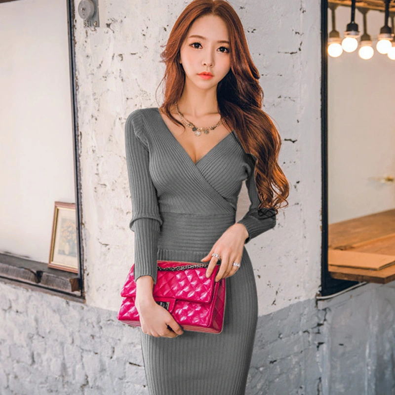 Autumn And Winter Women'S Temperament V-Neck Sexy Halter Mid-Length Base Knitted Dress Female Slim