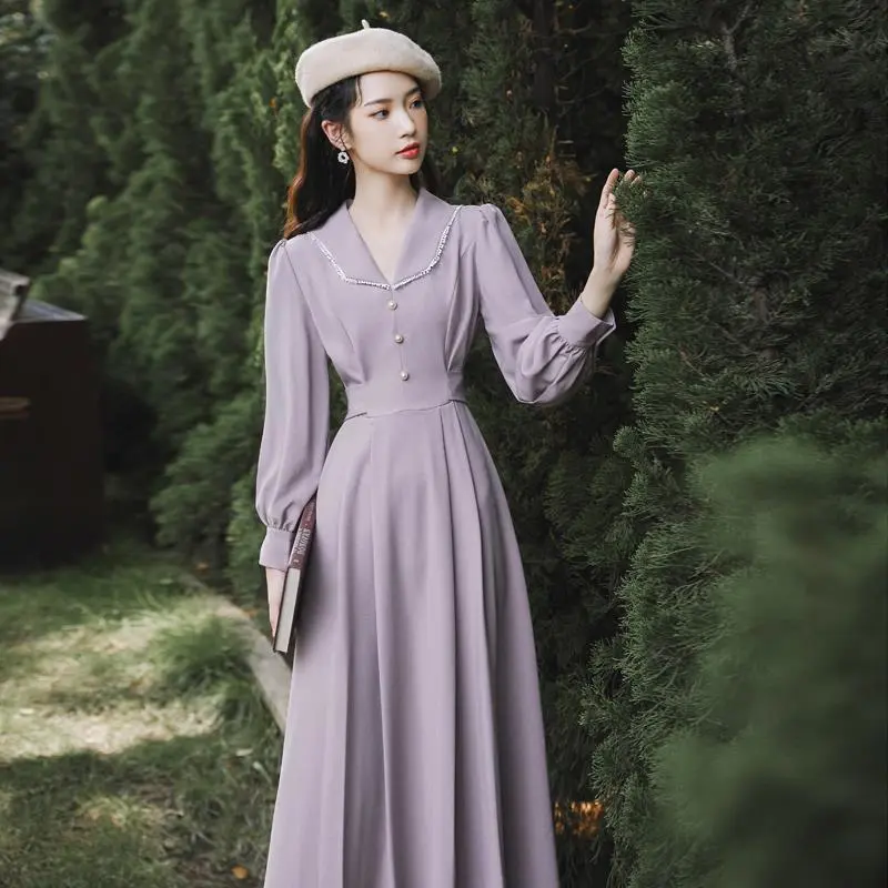 French Small Waist Navy Collar Temperament Dress