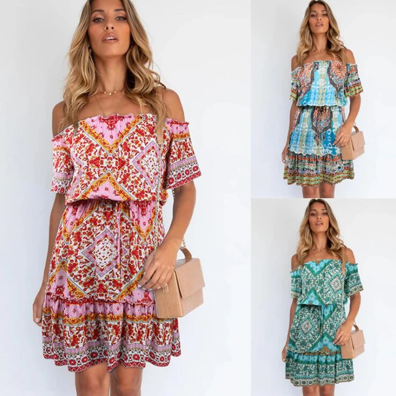Women's Fashion Printed Short Sleeve Off Shoulder Bohemian Dress