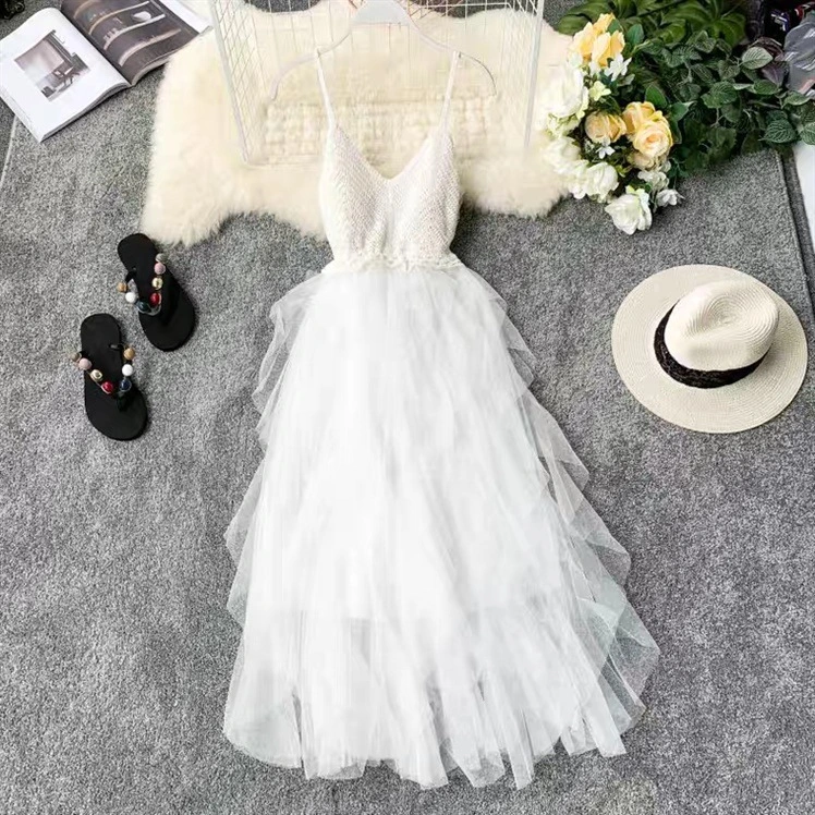 Irregular Net Yarn Fluffy Cake Fairy Skirt Knitted Stitching Suspender Skirt