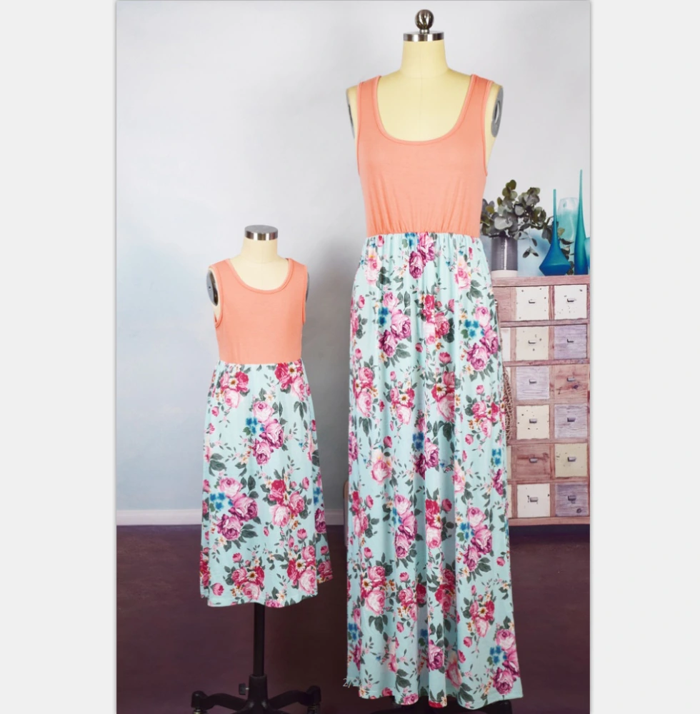 Sleeveless Solid Color And Printed Long Skirt Women'S Parent-Child Dress