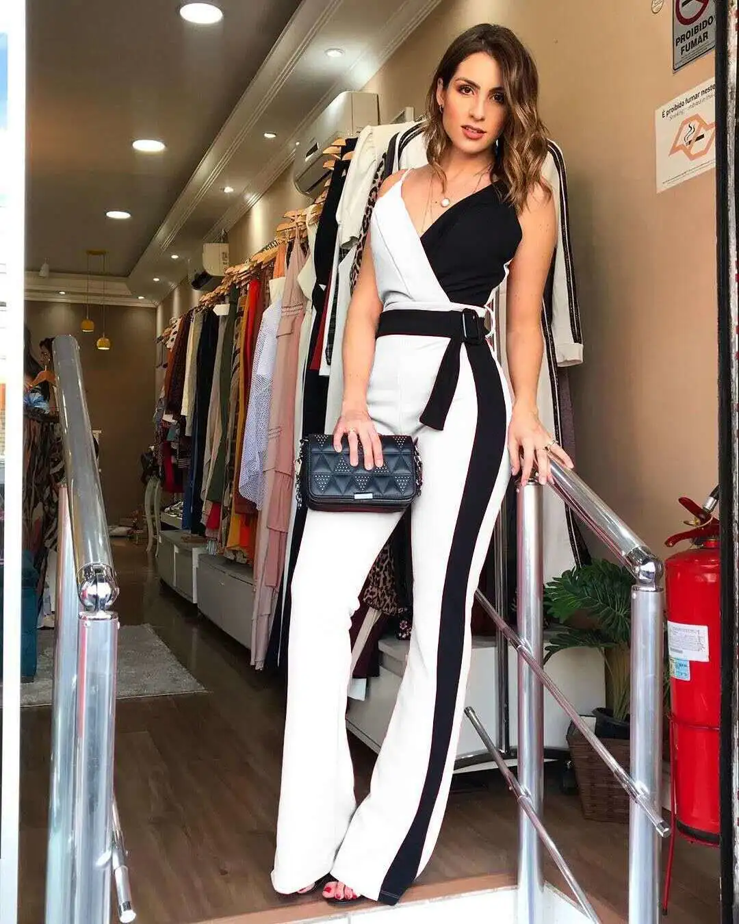 Black And White Double Suspender Jumpsuit