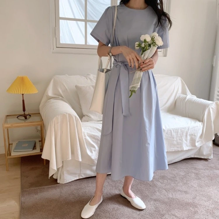 Pleated Tie Waist Mid-Length Round Neck Short-Sleeved Dress