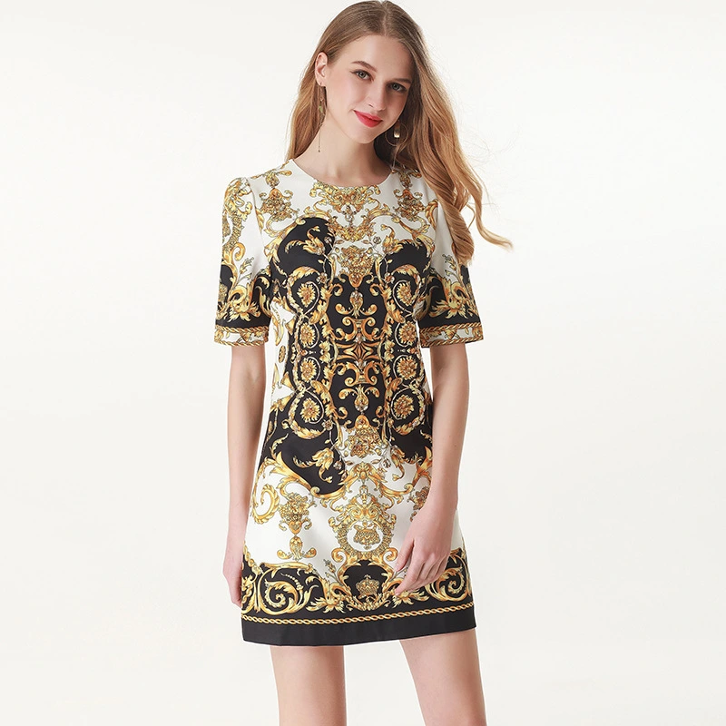 Retro Baroque Heavy Industry Beaded Sequins Loose Waist Printed Dress Women