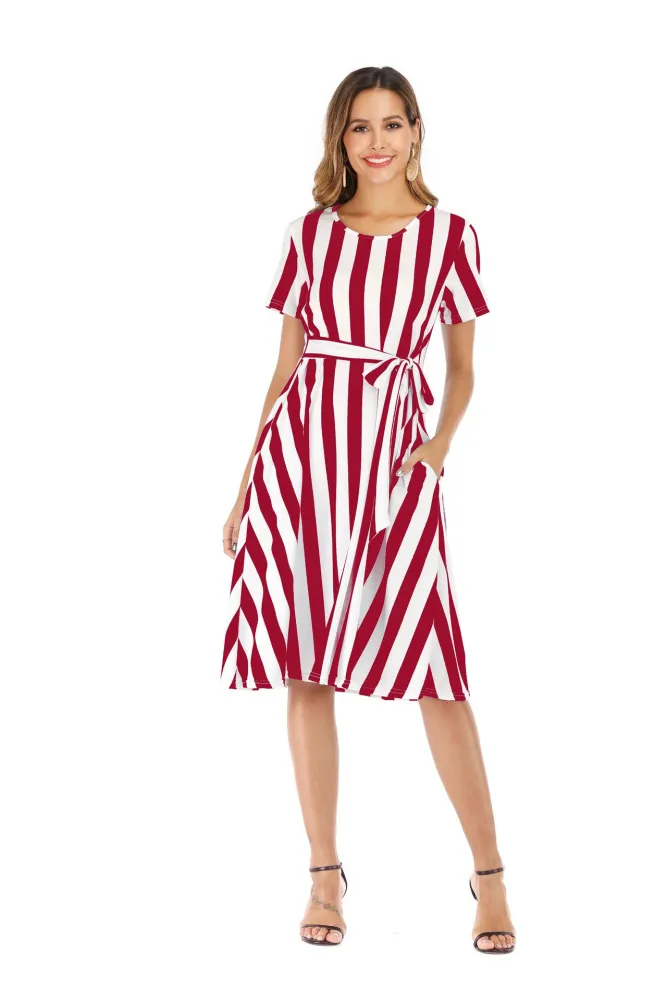Women's Striped Printed Round Neck Pockets Waist Belted Dress