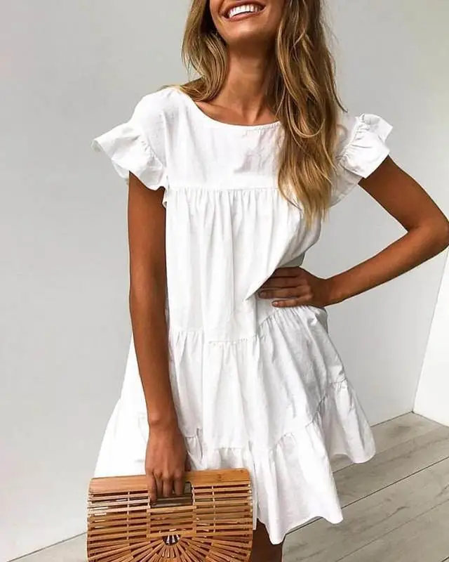 Round Neck Ruffles Ruched Casual Dress