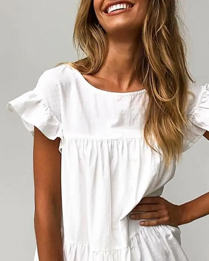 Round Neck Ruffles Ruched Casual Dress