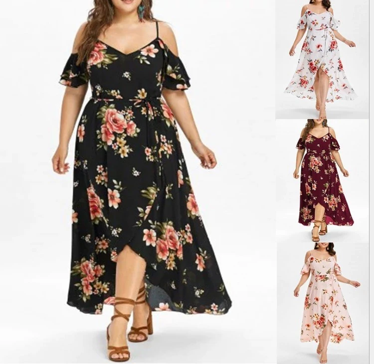 Plus Size Women'S Clothing Amazon Aliexpress Sling Print Off-The-Shoulder Dress Fat Mm Long Skirt