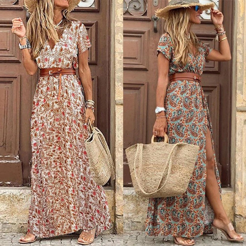 Boho Women V Neck Short Sleeve Paisley Print Bel