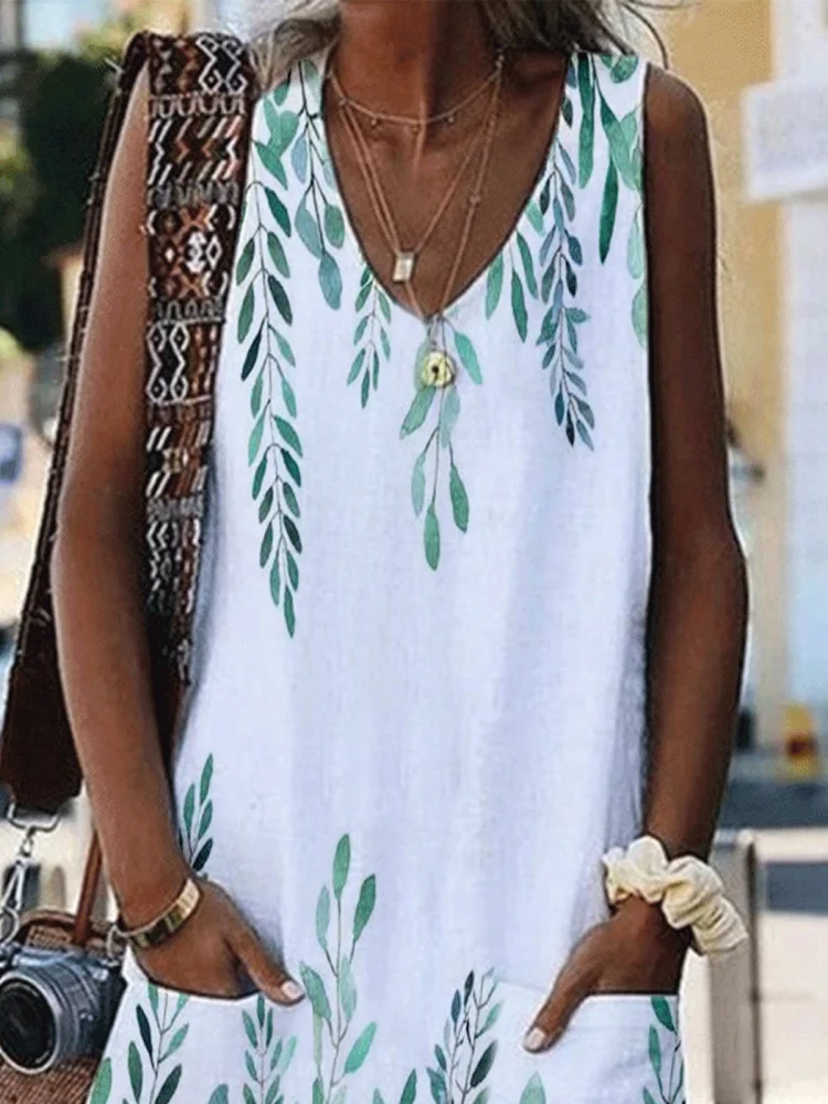 V-neck Sleeveless Leaf Print Dress