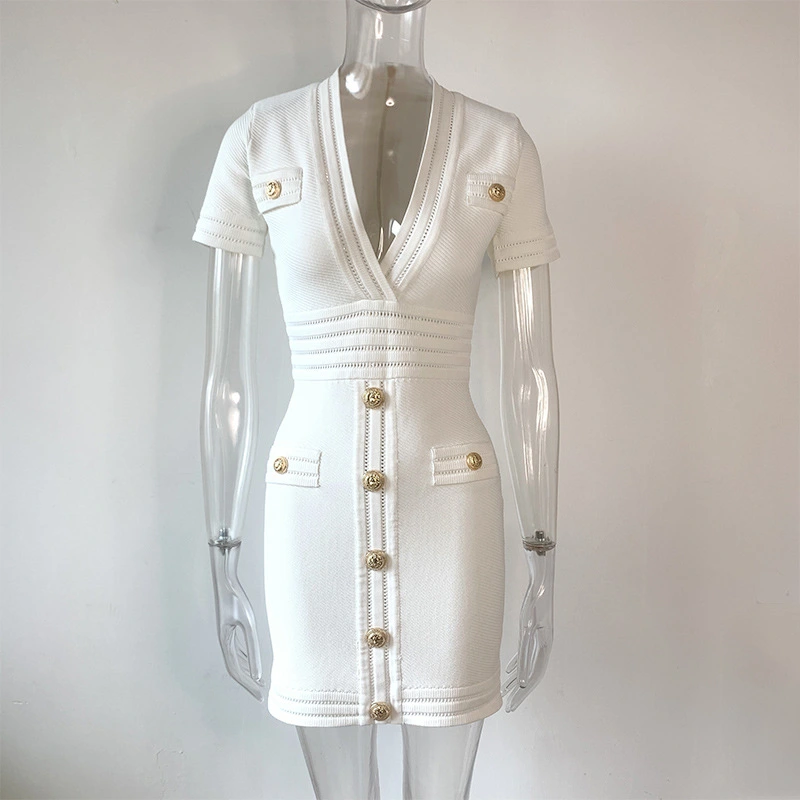Temperament Commuting Personality High Waist Tight-Fitting Big White Short Skirt Dress Short-Sleeved Knitted Summer Bag Hip Skirt