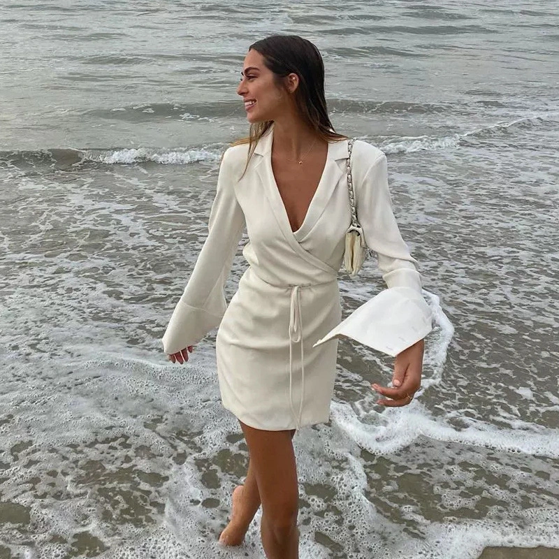 Pure Color Lace-up Wrap Suit Lapel Dress Skirt