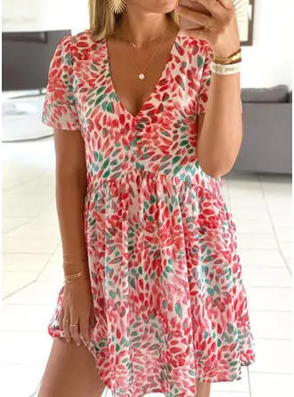 Women's V-neck Dress With Dyed Flower Print