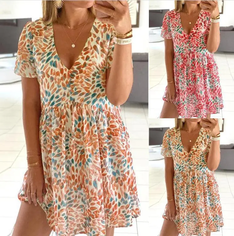 Women's V-neck Dress With Dyed Flower Print