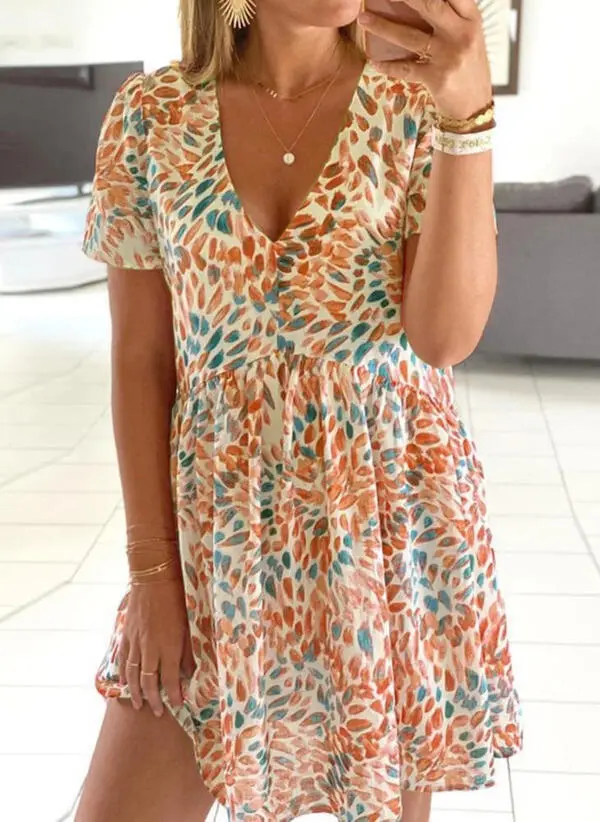 Women's V-neck Dress With Dyed Flower Print