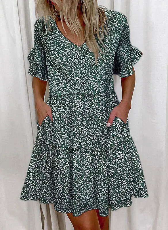 Printed Ruffled Pocket Dress Women