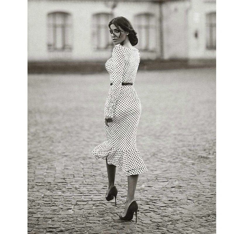 New Women's Polka Dot Dress Women's Cotton Long-sleeved Dress