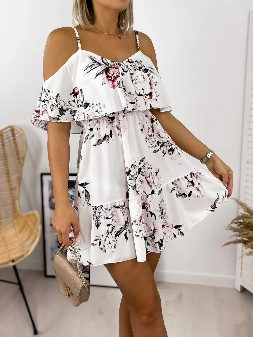 Printed V-neck Stitching Off-the-shoulder Strap Dress