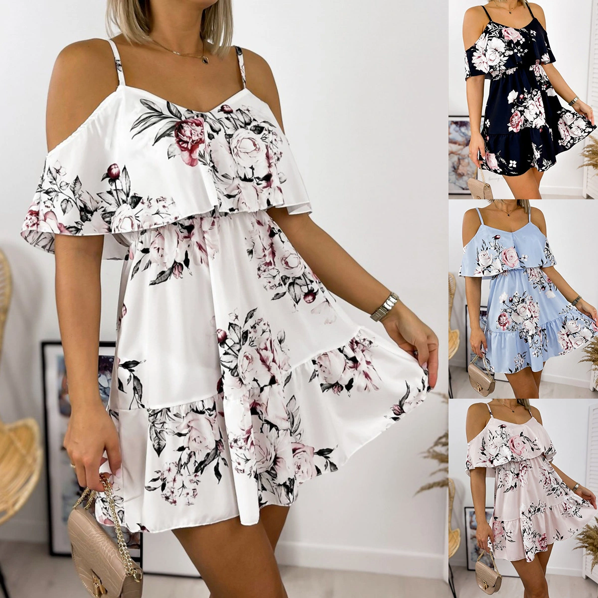 Printed V-neck Stitching Off-the-shoulder Strap Dress