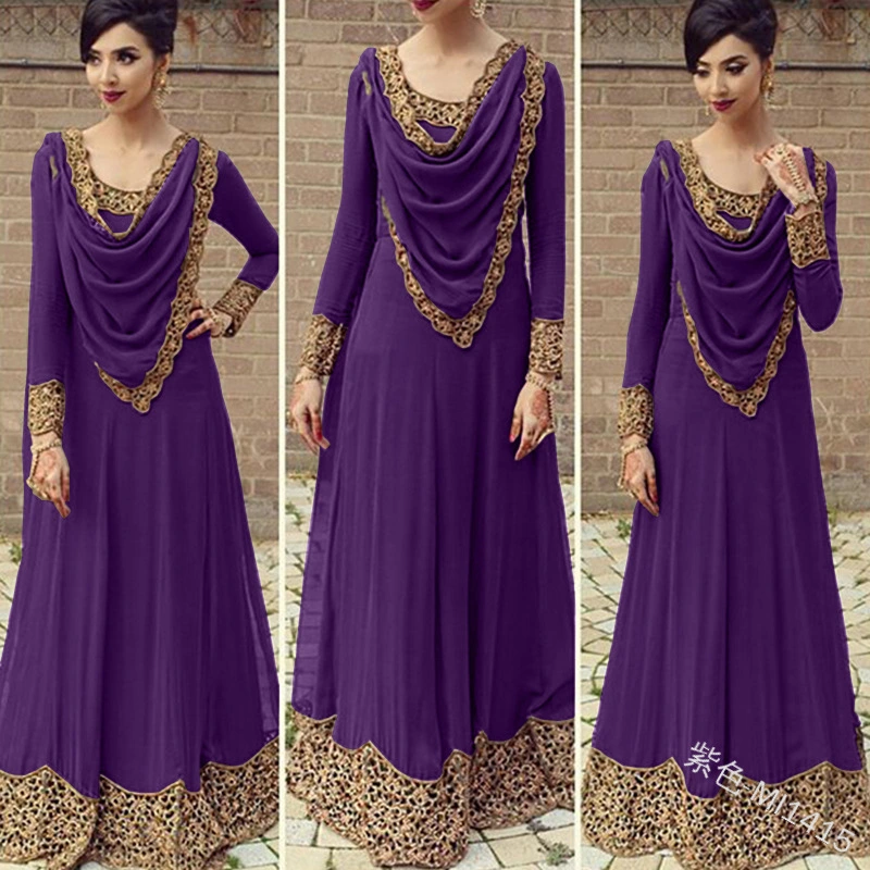 Foreign Trade New Product Female Lace Stitching Saudi Style Long-sleeved Dress MI1415 Wholesale Foreign Trade