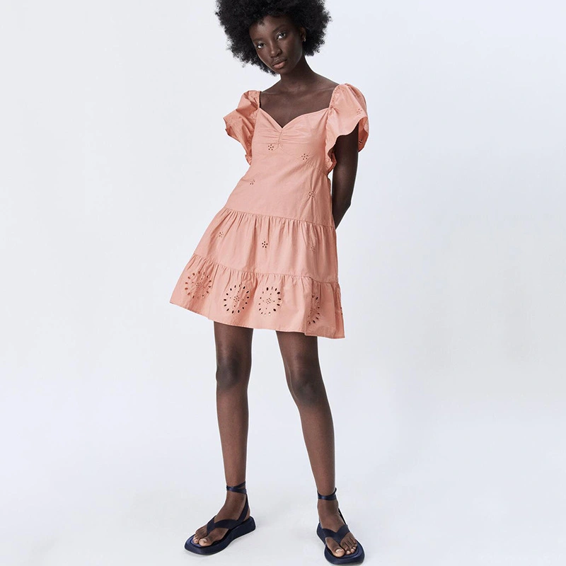 Short-sleeved Half-open Collar Cut-out Embroidery Dress