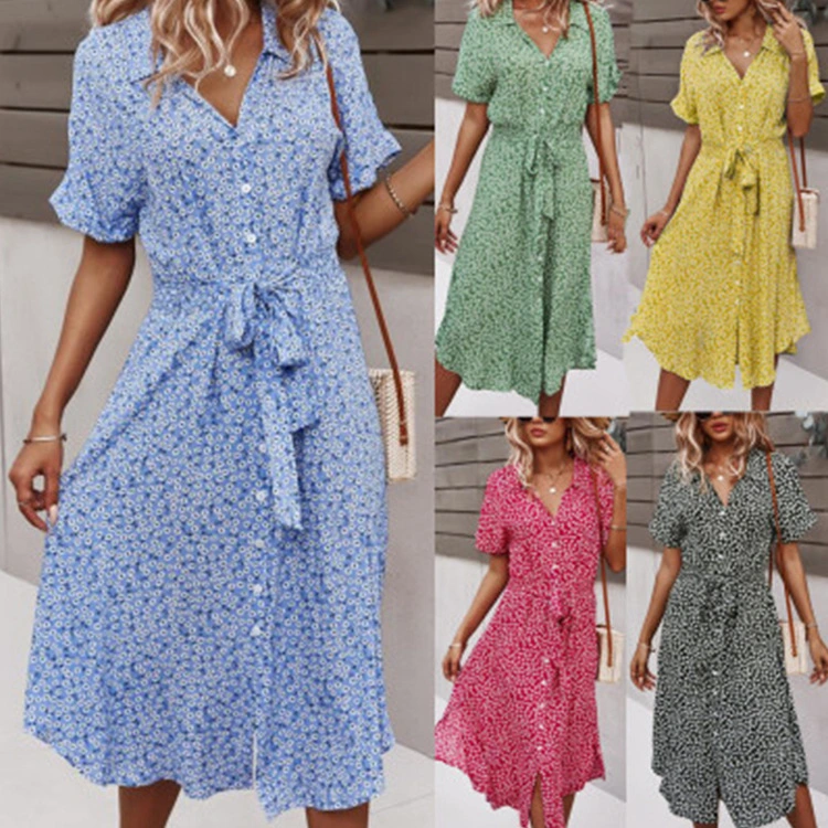 Women's Summer New Floral Dress Lace Up Printed Dress
