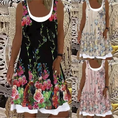 Printed Sleeveless Fake Two-piece Mid-length Dress