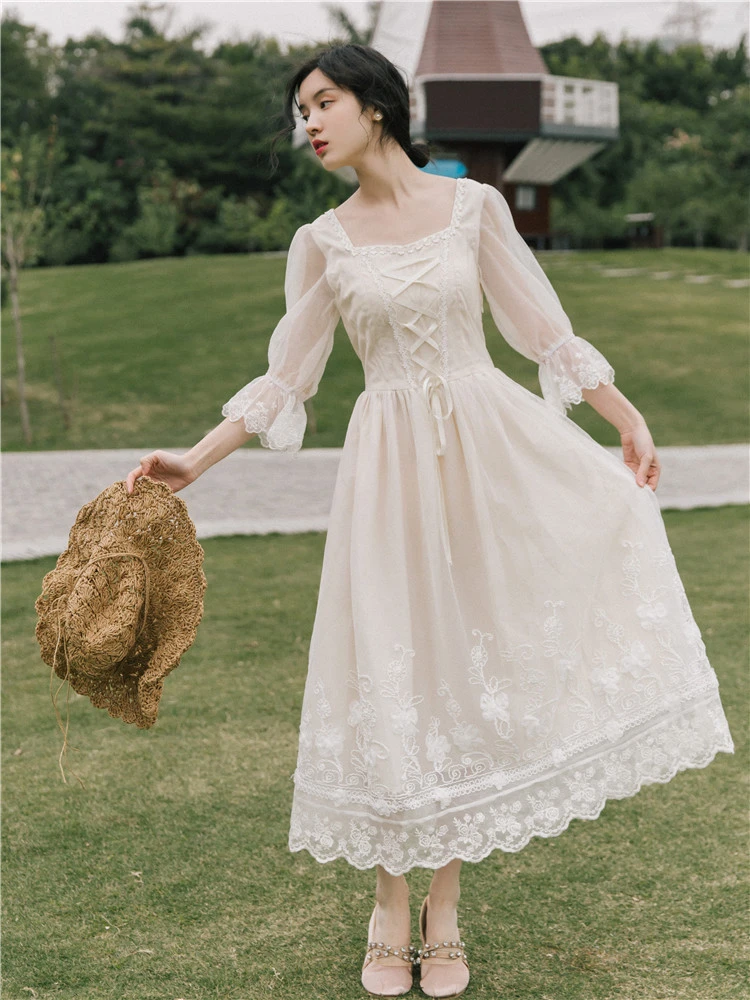 French Retro Knee-length Skirt Is Very Fairy French Niche Bellflower Skirt Dress Fairy Super Fairy Forest Sweet
