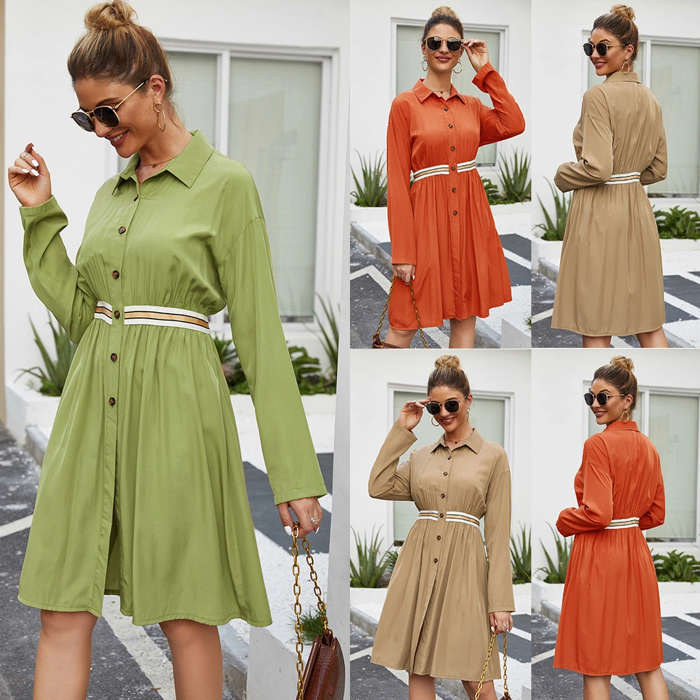 Solid Color Shirt Collar Long Sleeve Casual Dress