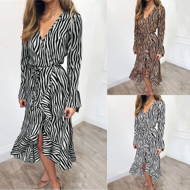 V-neck Tiger Print Long-sleeved Chiffon Women's Dress