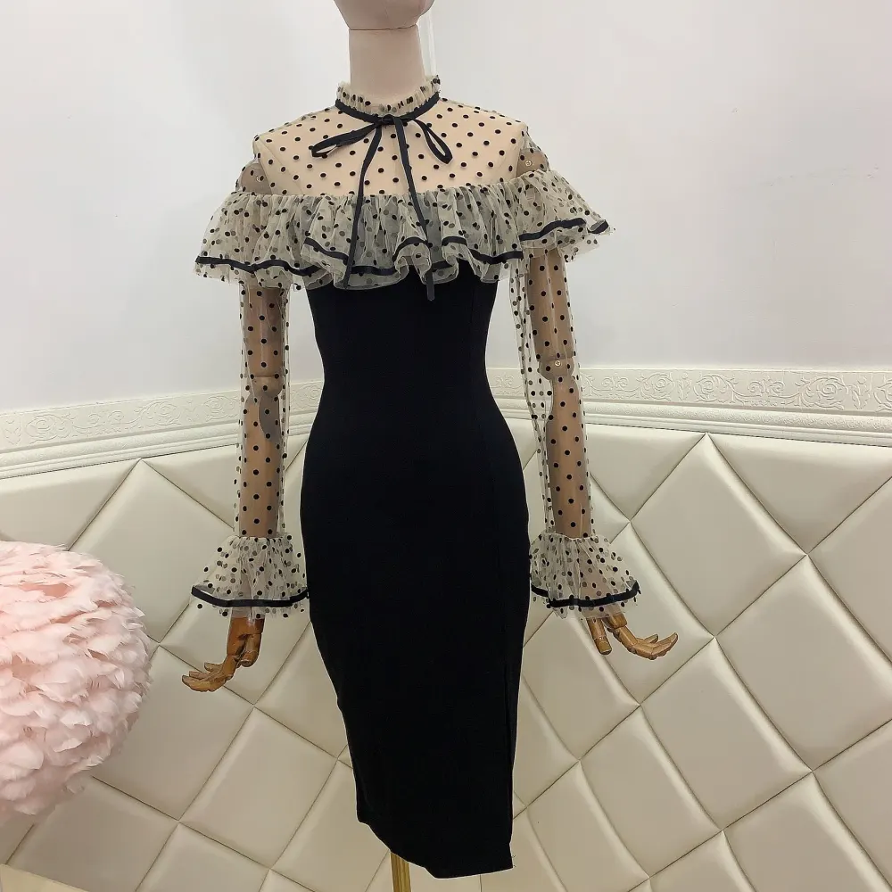 French Romantic Polka Dot Mesh Slim Bag Hip Mid-length Dress Women