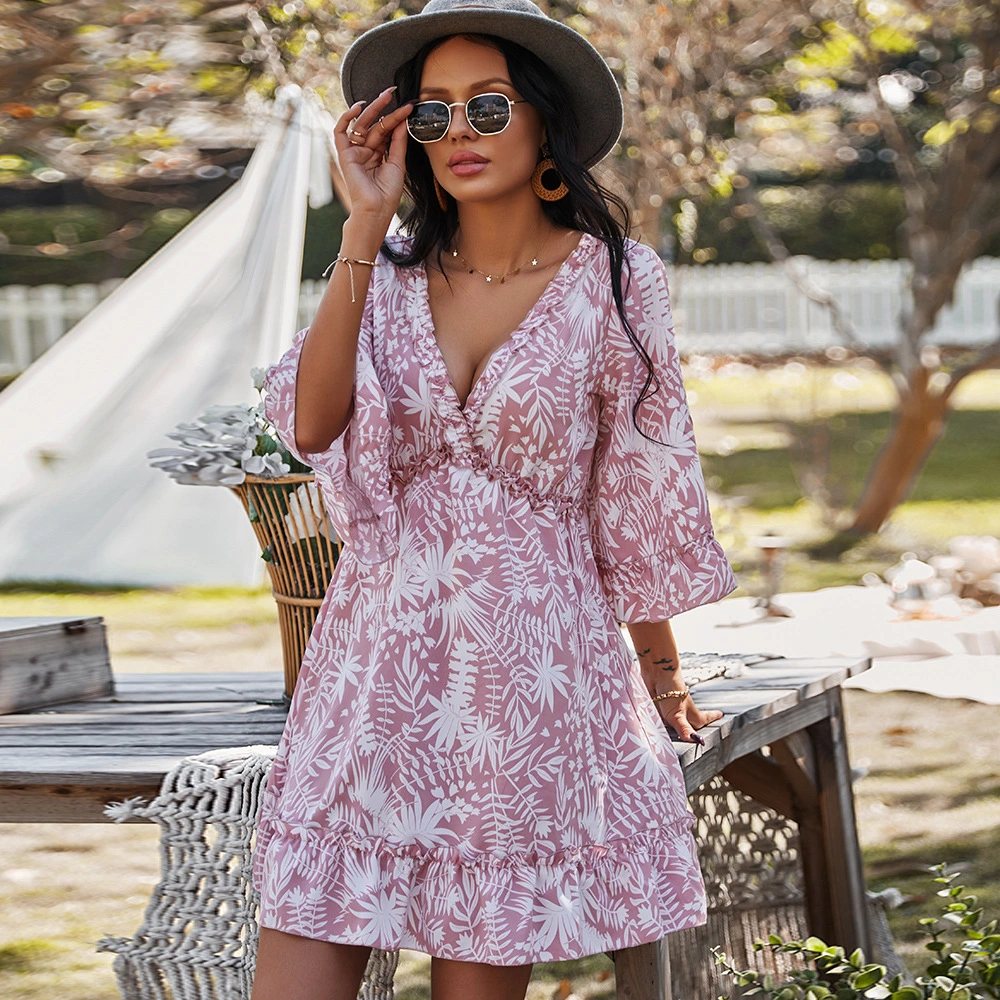 Women's Fashion Deep V Casual Sexy Dress Mid Skirt