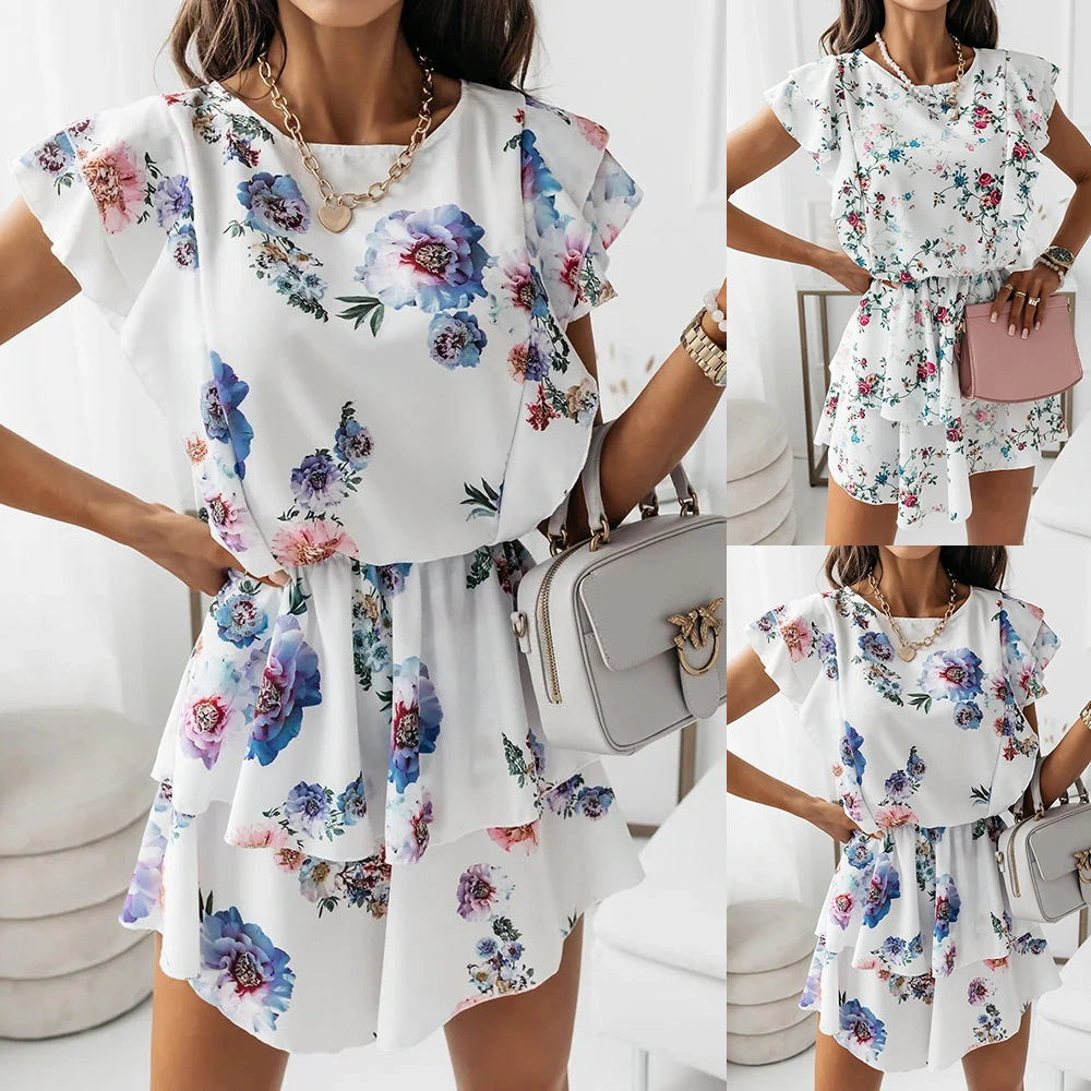 Loose Printed Ruffled Sleeveless Double Layer Dress Women