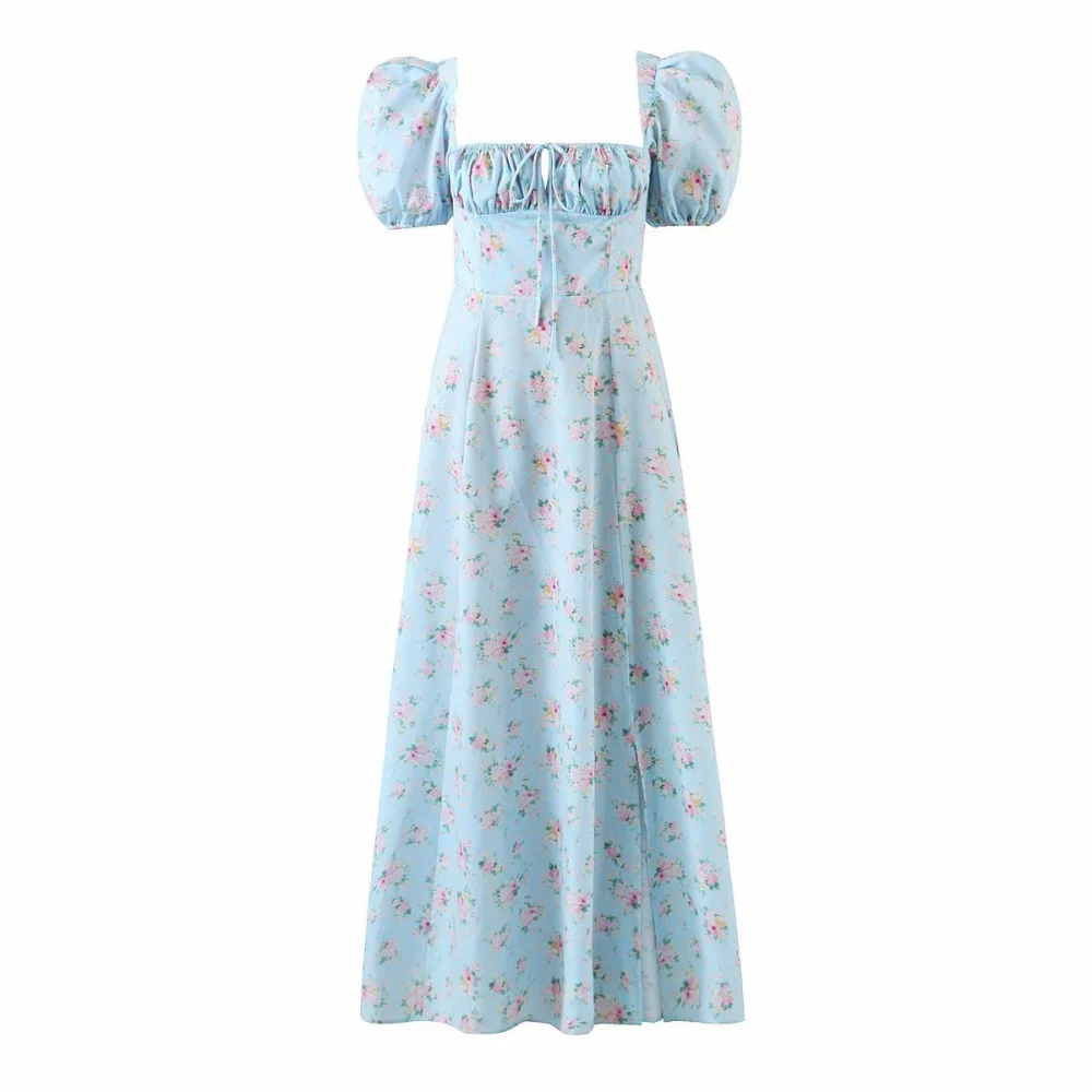 Floral Dress With Square Neckline And High Waist Slit Long Skirt