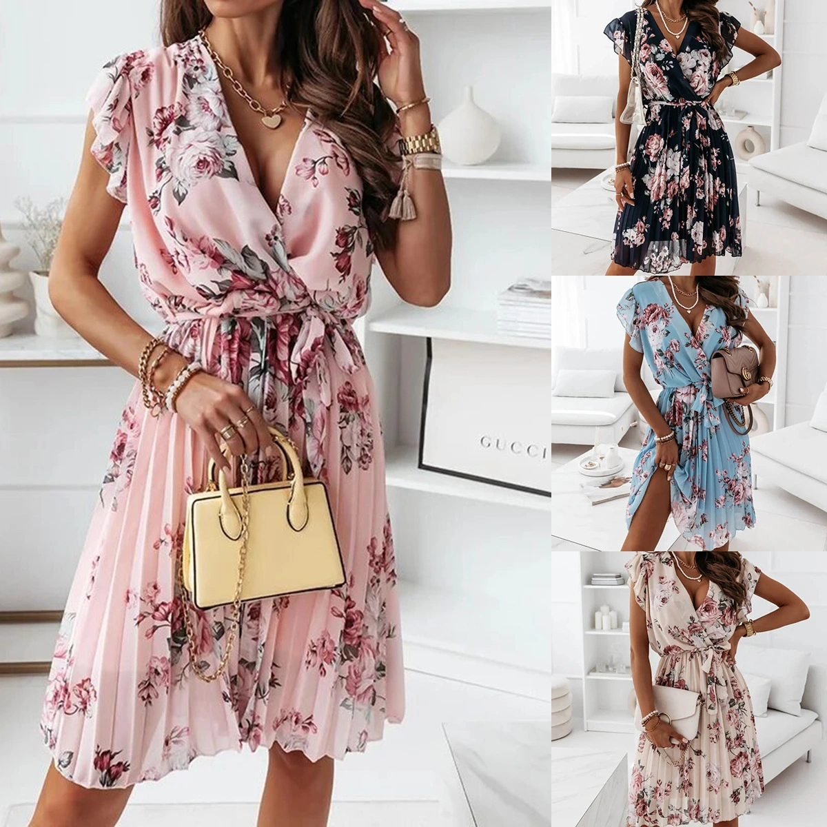 Summer New Waist Floral Pleated Dress Women