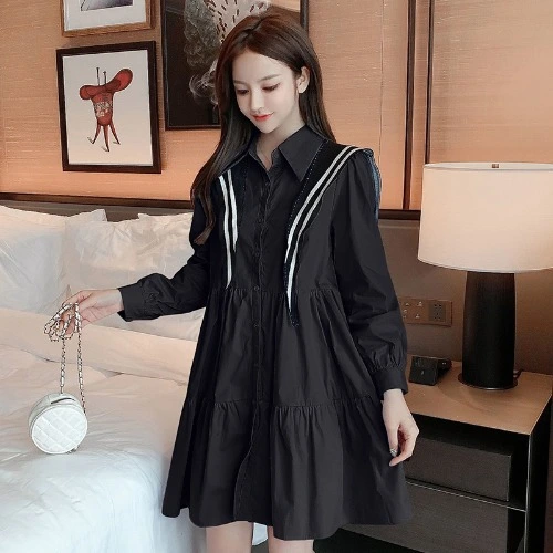 Autumn Women Long Sleeve Solid Pleated Shirt Dress