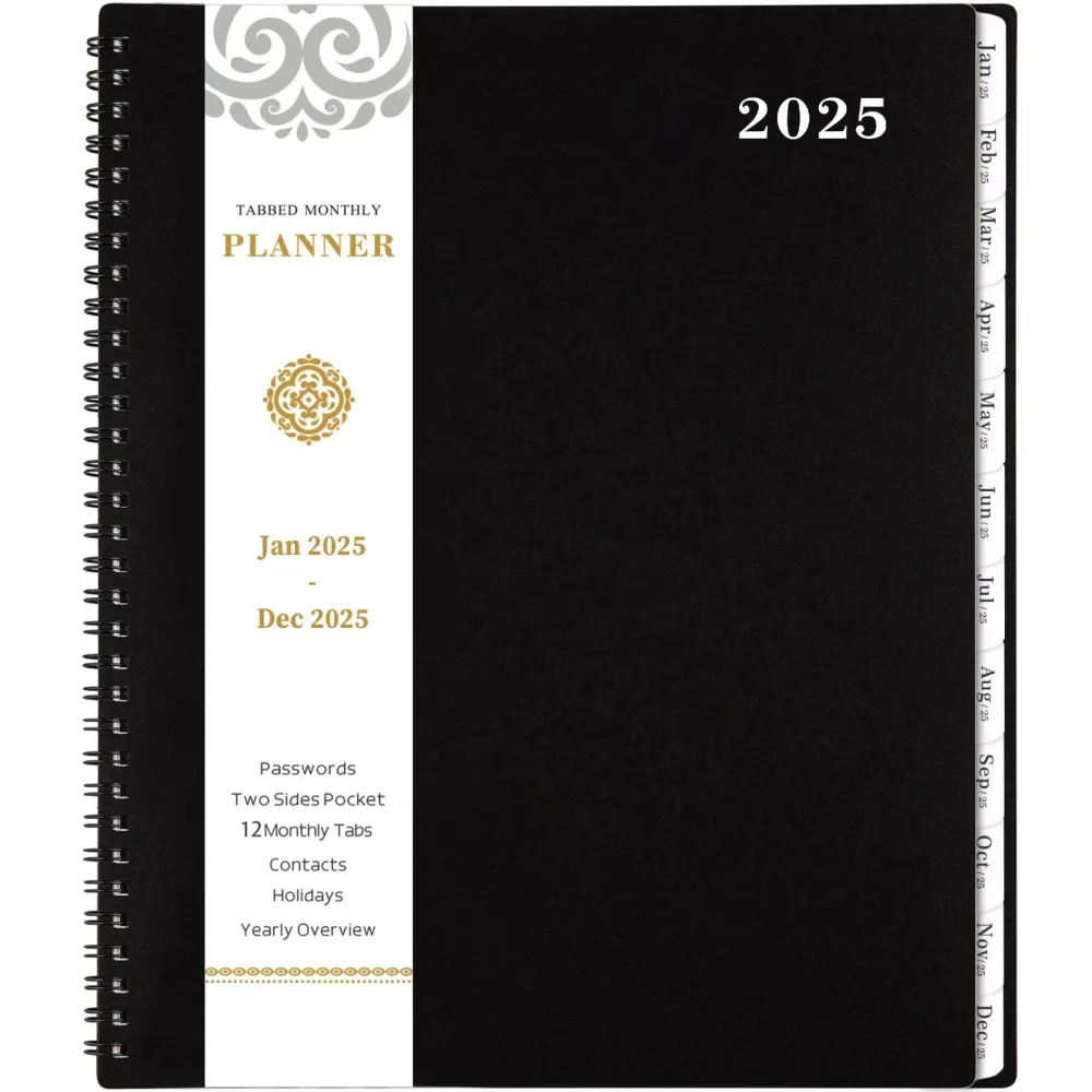 2025 Monthly Planner - JAN - DEC 2025 Monthly Planner/Calendar,12 Monthly Planner with Contacts & Passwords, 8.5" x 11" Planner 2025, Thick Paper - Black