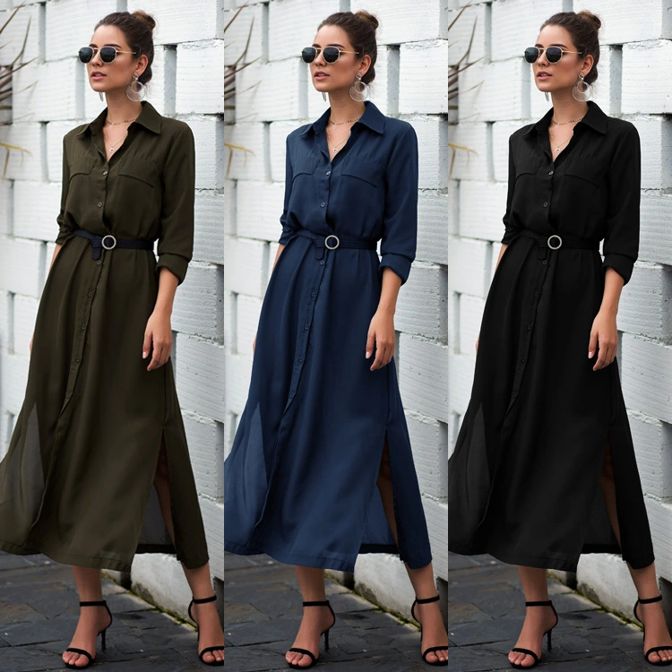 Button-down Collar Shirt Collar Long Dress