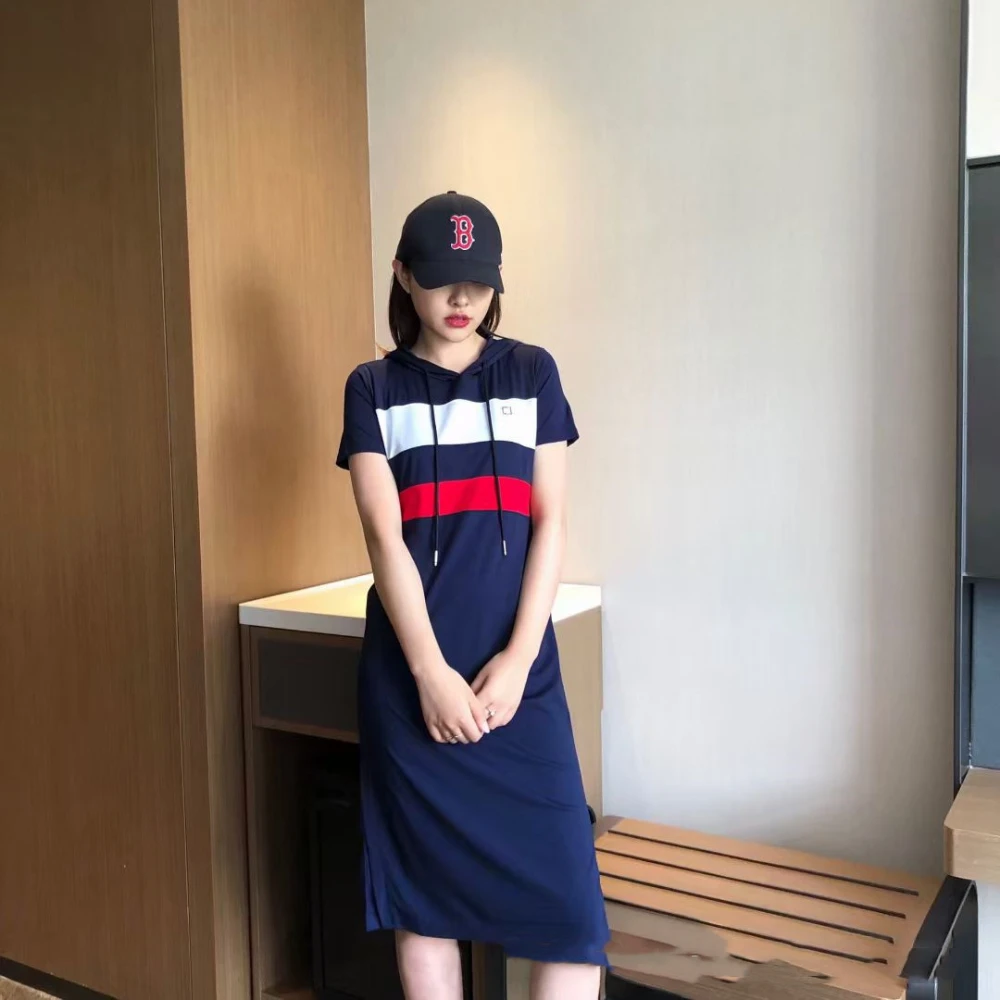 Stitching Contrast Color Hooded Women's Dress Sports Casual Midi Skirt