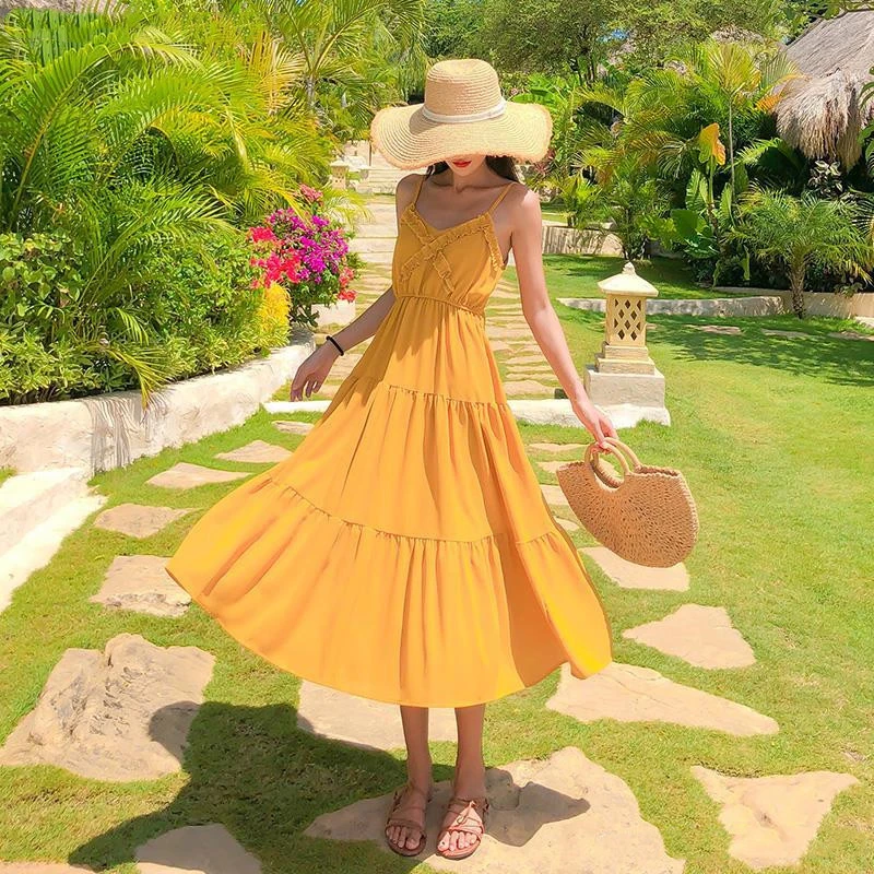 Women's Seaside Suspender Sexy Dress Halter Strap Beach Holiday Dress