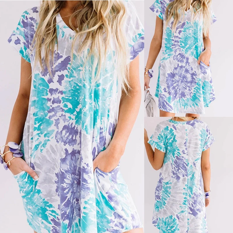 Women's Short Sleeve Loose Gradient Color Printed Dress