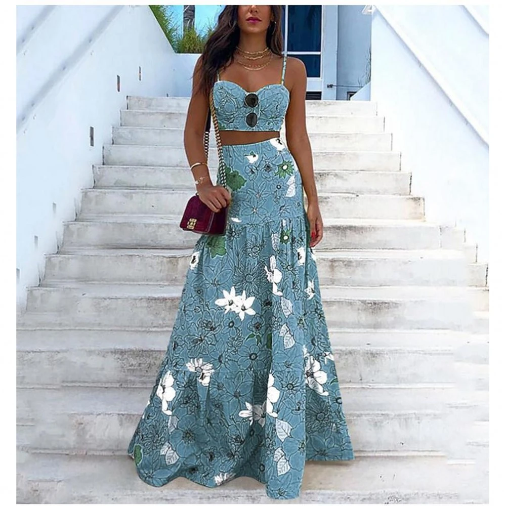 Women's 2 Piece Long Dress Sexy Halter Top Loose Big Long Skirt