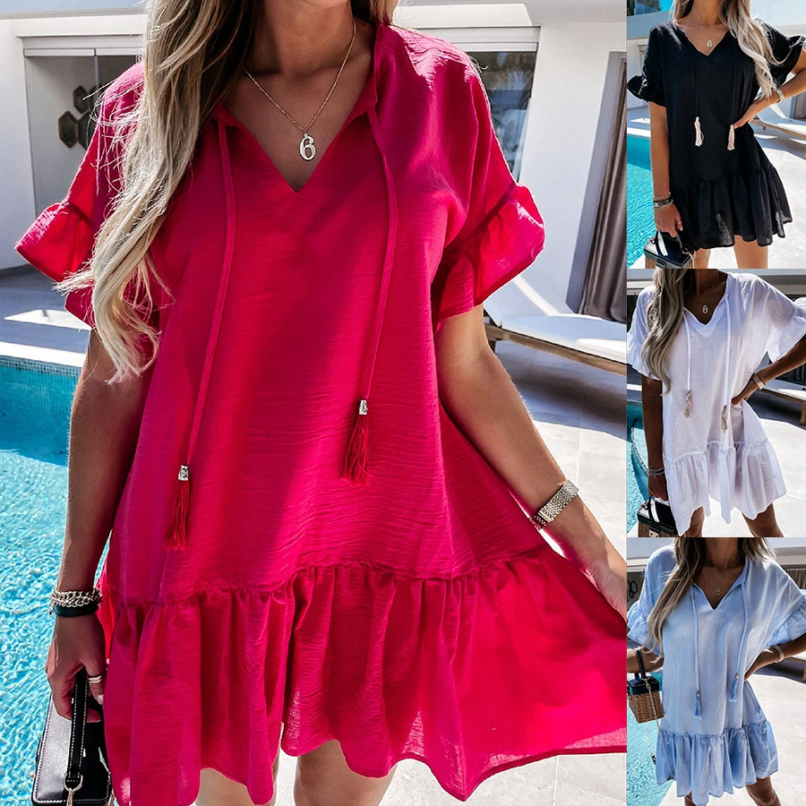 The New V Neck Short Sleeved Dangle Loose Beard Is Thinner And Ruffled Dress