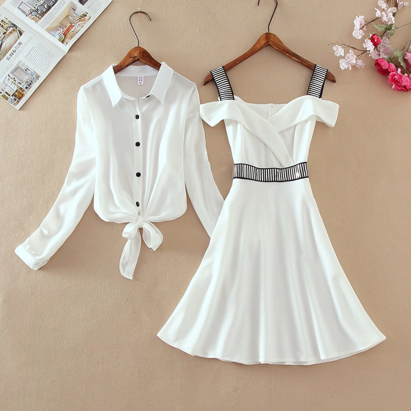 Mid Length V Neck Suspender Princess Dress Chiffon Shawl Two Piece Suit