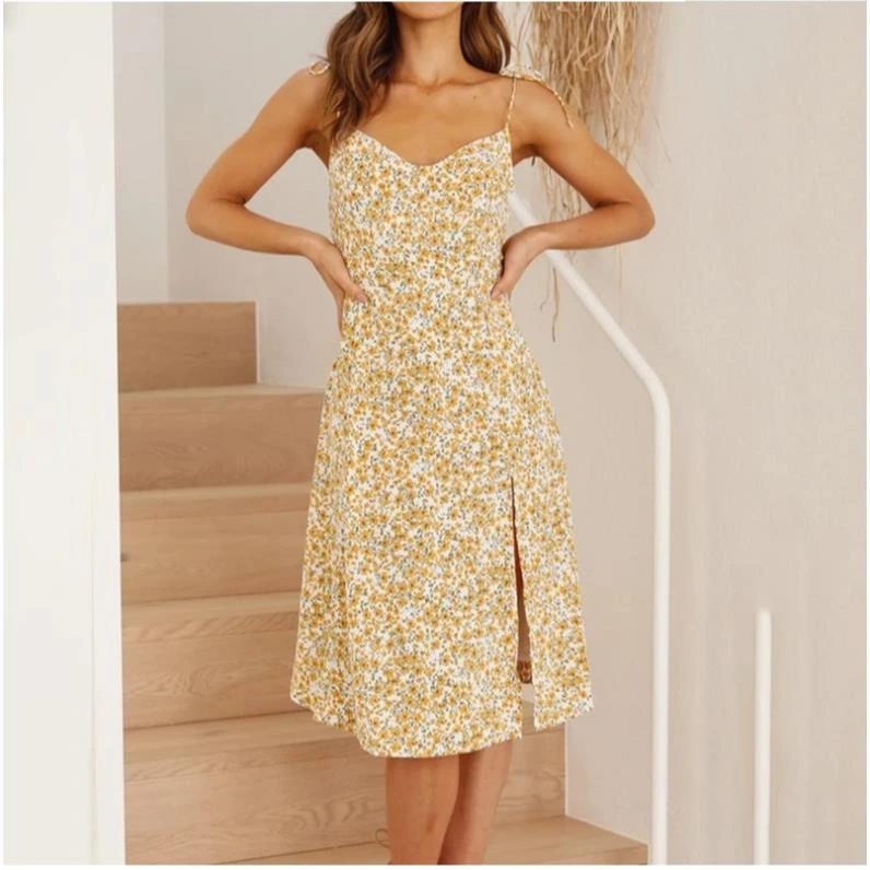 Slim-Fit Print Split Dress With Halter Strap