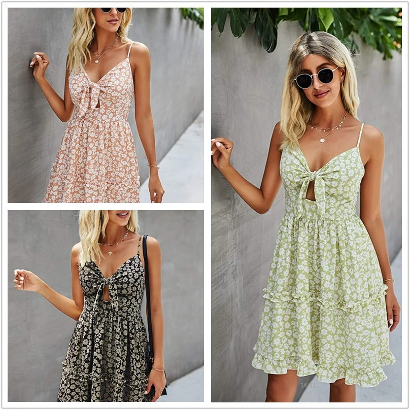 Fashion Printed Sexy Halter Back Tie Knot Suspender Dress For Women