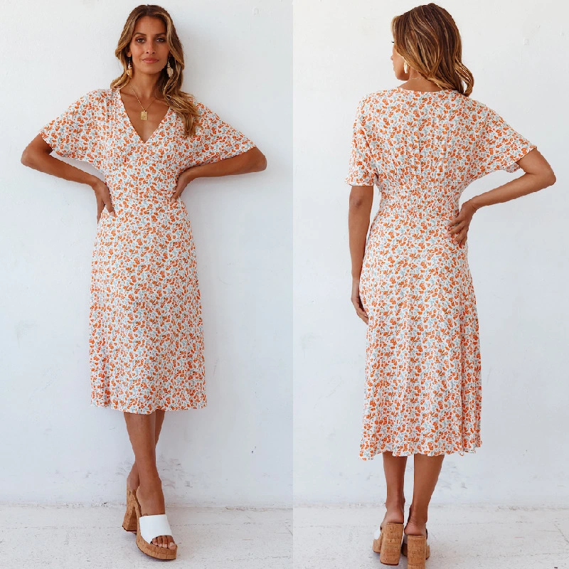 Printed Short Sleeve V-neck Midi Dress