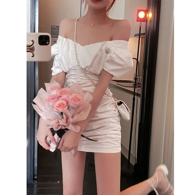 Word Shoulder White Dress Female Summer Sexy Bag Hip Short Skirt Puff Sleeve Temperament Small Skirt